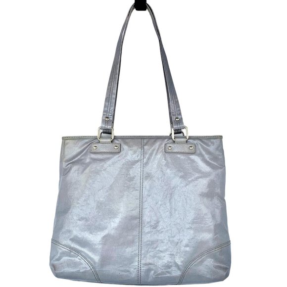 Vintage 90s metallic silver coated canvas, lined maxi tote bag 12" x 13" - Picture 9 of 9